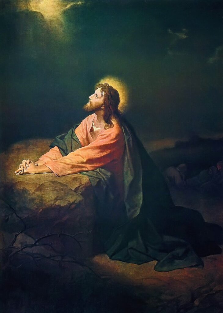 Heinrich Hofmann painting of Jesus kneeling in prayer in the Garden of Gethsemane, gazing toward heavenly light.