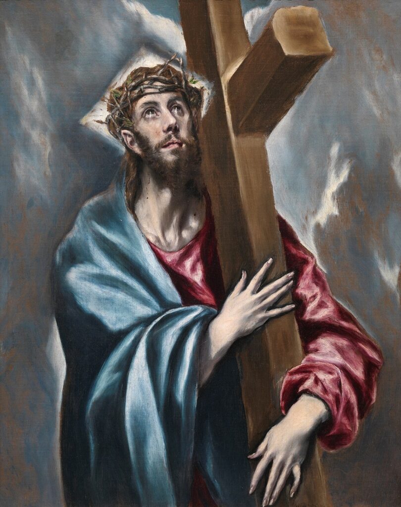 El Greco painting of Jesus Christ embracing the wooden cross, eyes lifted to heaven, crowned with thorns.