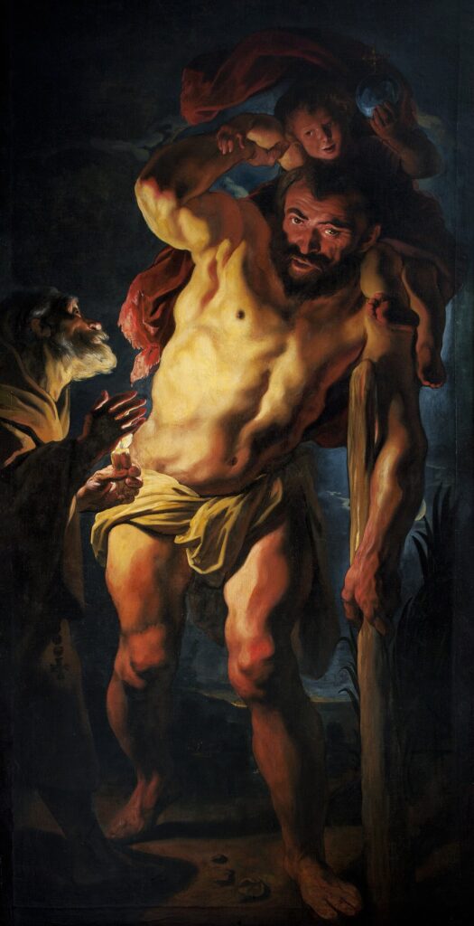 Saint Christopher wading through water carrying the Christ Child on his shoulder.