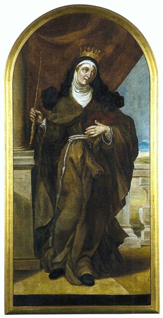 Baroque devotional painting of Saint Rita of Cascia in an Augustinian habit, holding a crucifix and red roses.