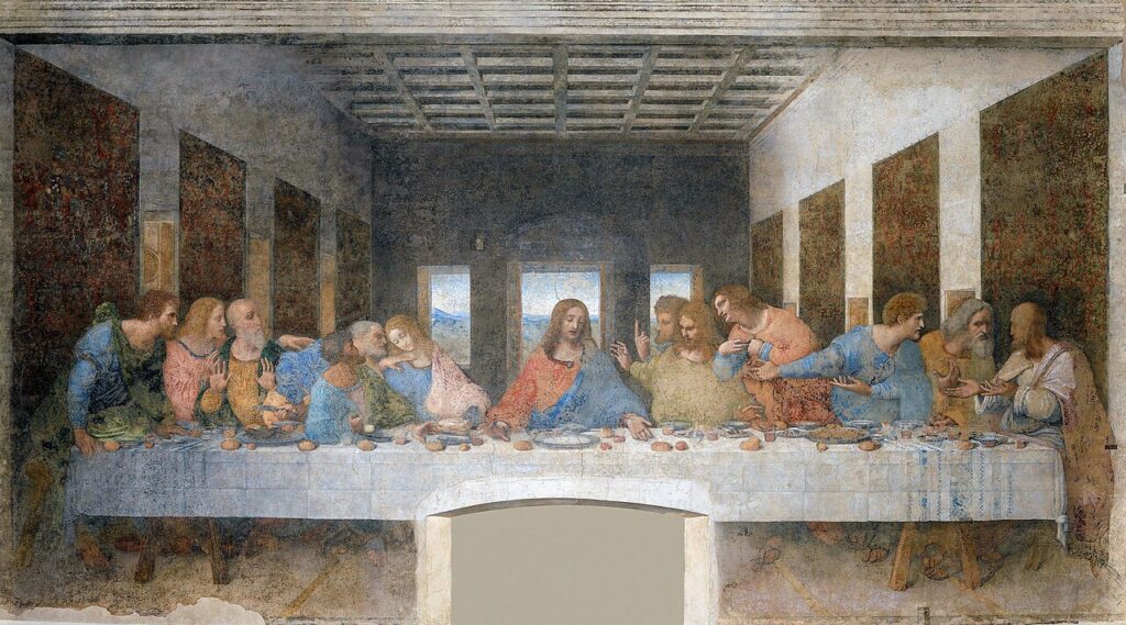 Leonardo da Vinci's Last Supper, Christ seated at the center of the table with the twelve apostles.