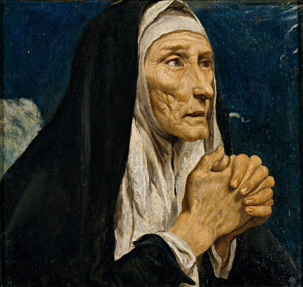 Spanish Baroque painting of Saint Monica in dark robes with hands clasped in prayer.