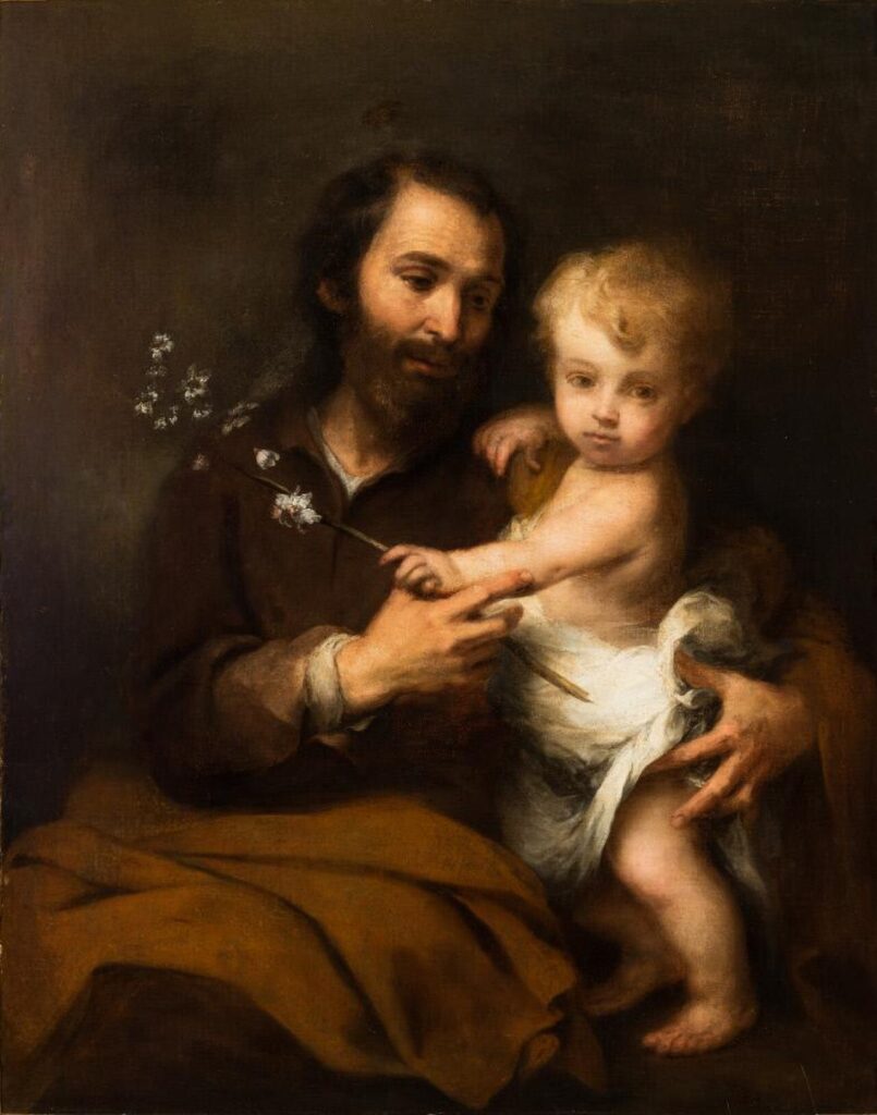 Saint Joseph holding the young Christ Child by the hand with a flowering staff, by Murillo.