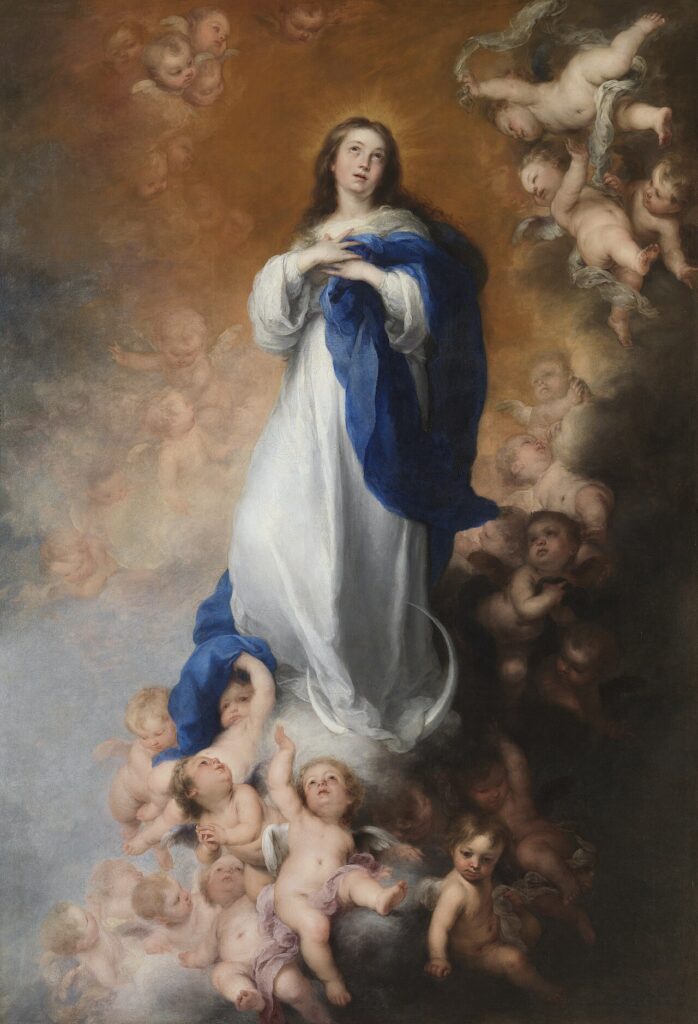 The Virgin Mary in white and blue ascending on a crescent moon amid cherubs, Murillo's Immaculate Conception.