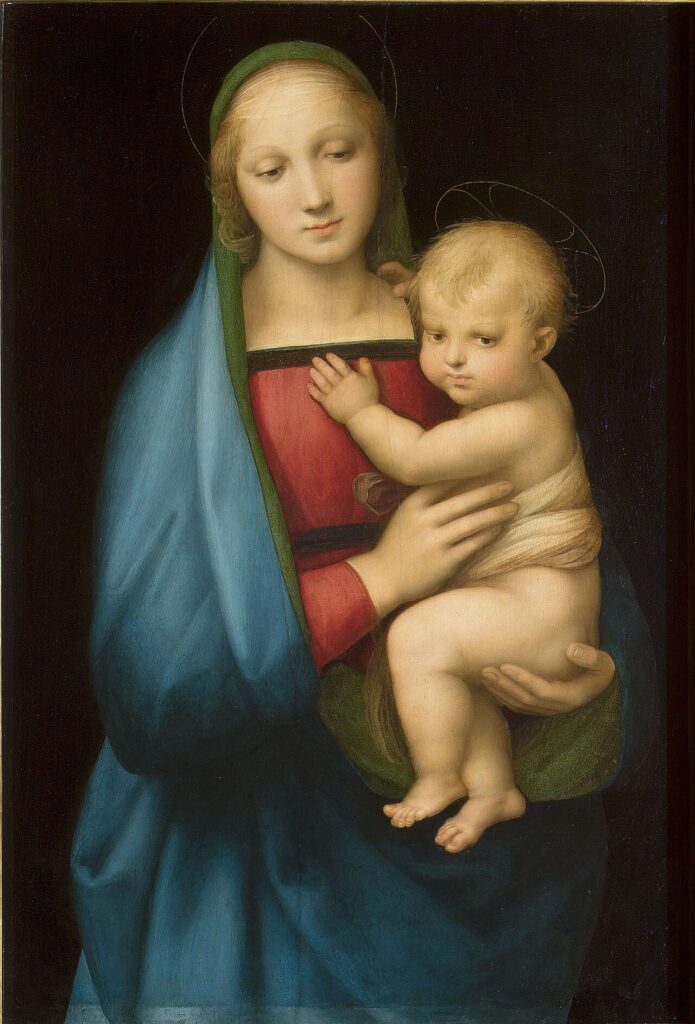 Renaissance painting of the Virgin Mary tenderly holding the infant Jesus, by Raphael.