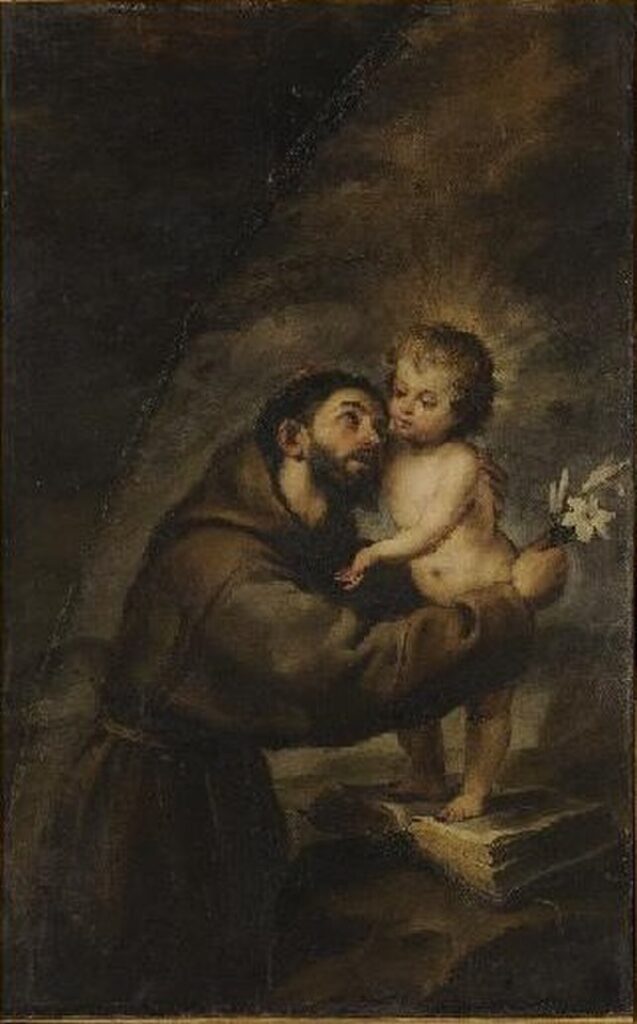 Saint Anthony of Padua kneeling in a Franciscan habit as the Christ Child rests on a book, by Murillo.