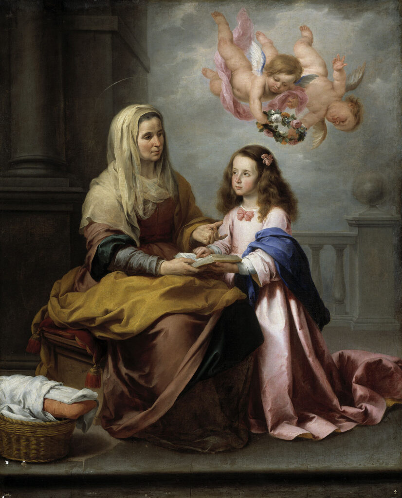 Murillo painting of Saint Anne teaching her daughter, the young Virgin Mary, to read, with cherubs above.