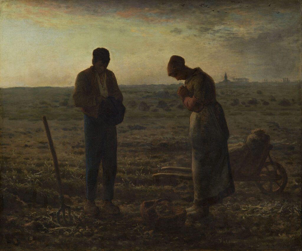 Millet painting of two peasants pausing to pray in a field at dusk with a distant church steeple.