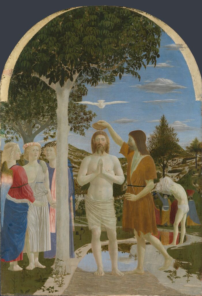 Piero della Francesca painting of John the Baptist baptizing Jesus in the Jordan as the dove descends.