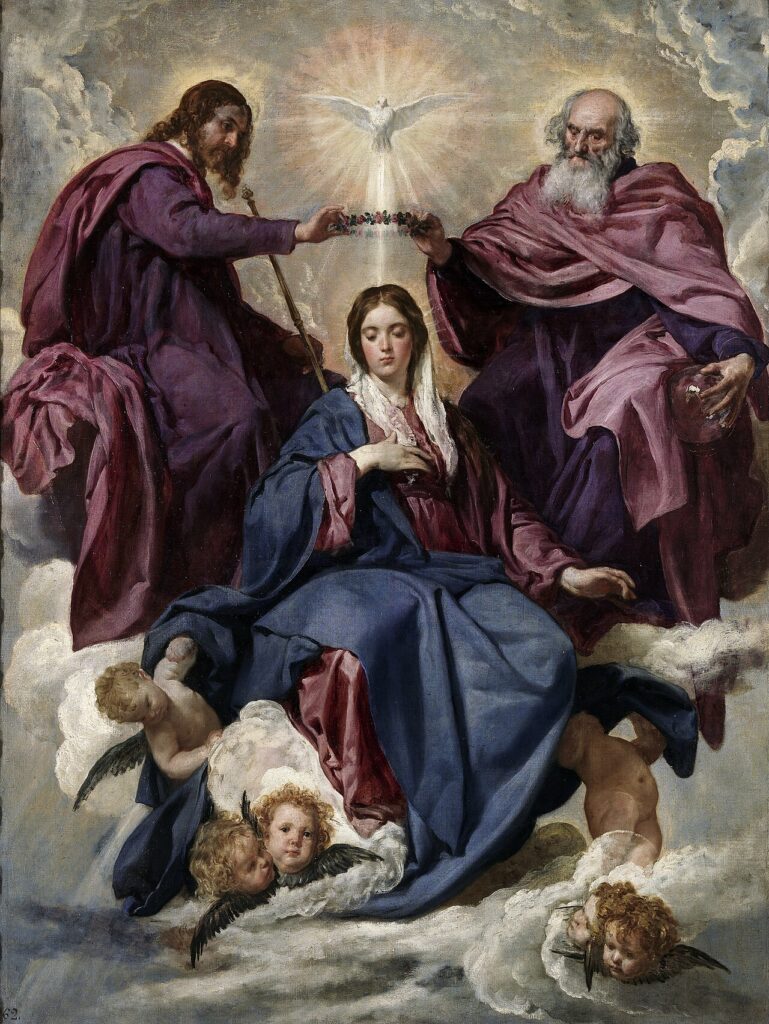Velazquez painting of the Virgin Mary crowned in heaven by Christ and the Father with the Holy Spirit above.
