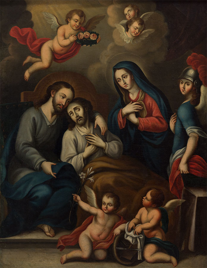 Deathbed scene of Saint Joseph attended by Jesus and the Virgin Mary.