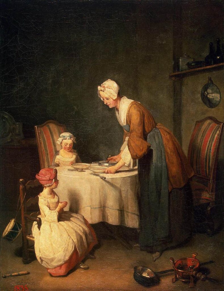 Chardin painting of a mother teaching her child to pray grace before a meal.