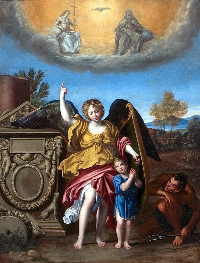 Baroque painting by Domenichino of a guardian angel guiding and protecting a child.