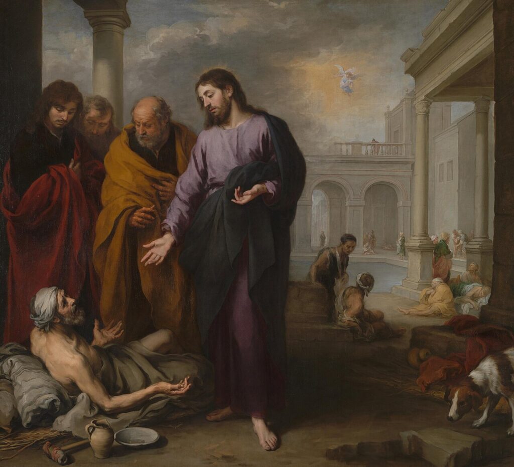 Murillo painting of Jesus healing a paralyzed man beside the pool of Bethesda.