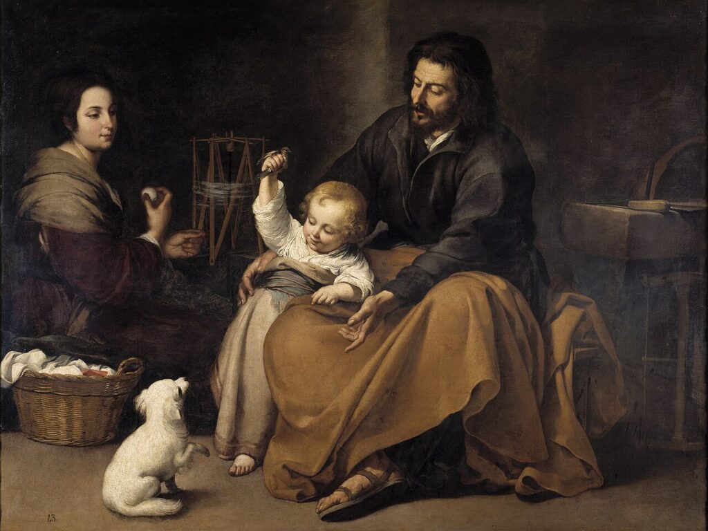 Murillo painting of the Holy Family, Joseph and the Christ Child while Mary winds yarn in a warm home.