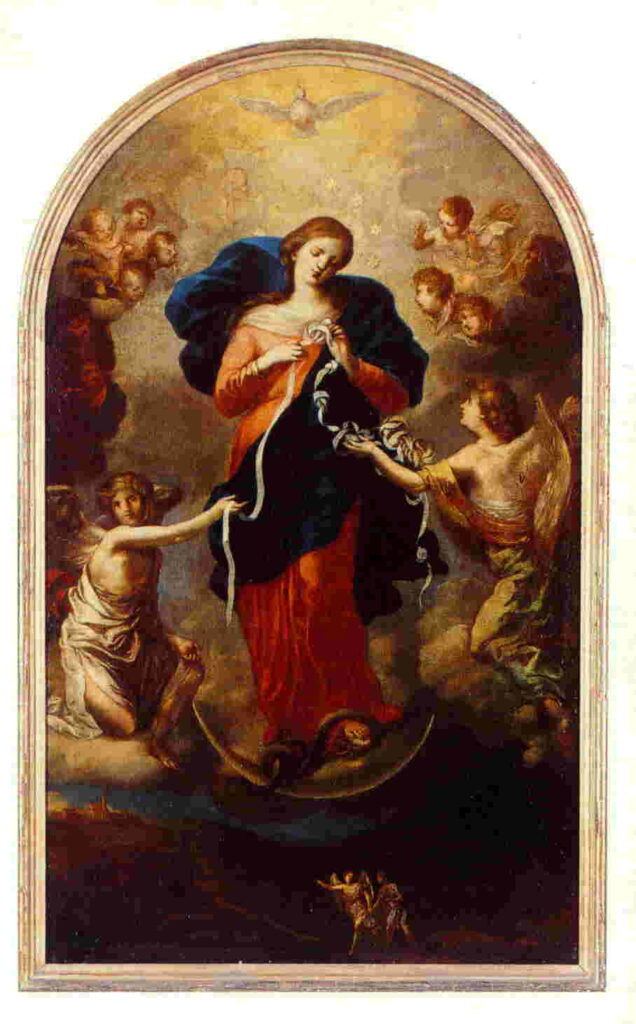 Baroque painting of the Virgin Mary untying knots from a long ribbon, surrounded by angels.