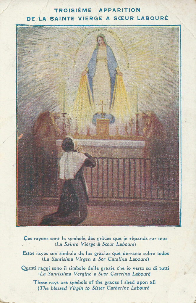 Holy card of the Blessed Virgin Mary appearing to Saint Catherine Labouré in 1830.