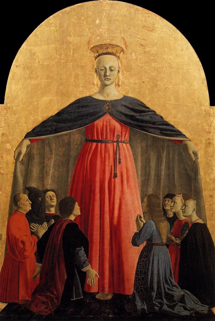 Piero della Francesca painting of the Virgin Mary sheltering kneeling worshippers beneath her outstretched mantle.