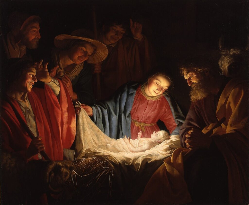 Candlelit Nativity scene of shepherds adoring the newborn Christ Child in the manger, by Gerard van Honthorst.