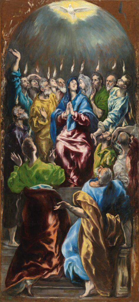 El Greco painting of the Virgin Mary and the apostles receiving the Holy Spirit as tongues of fire at Pentecost.