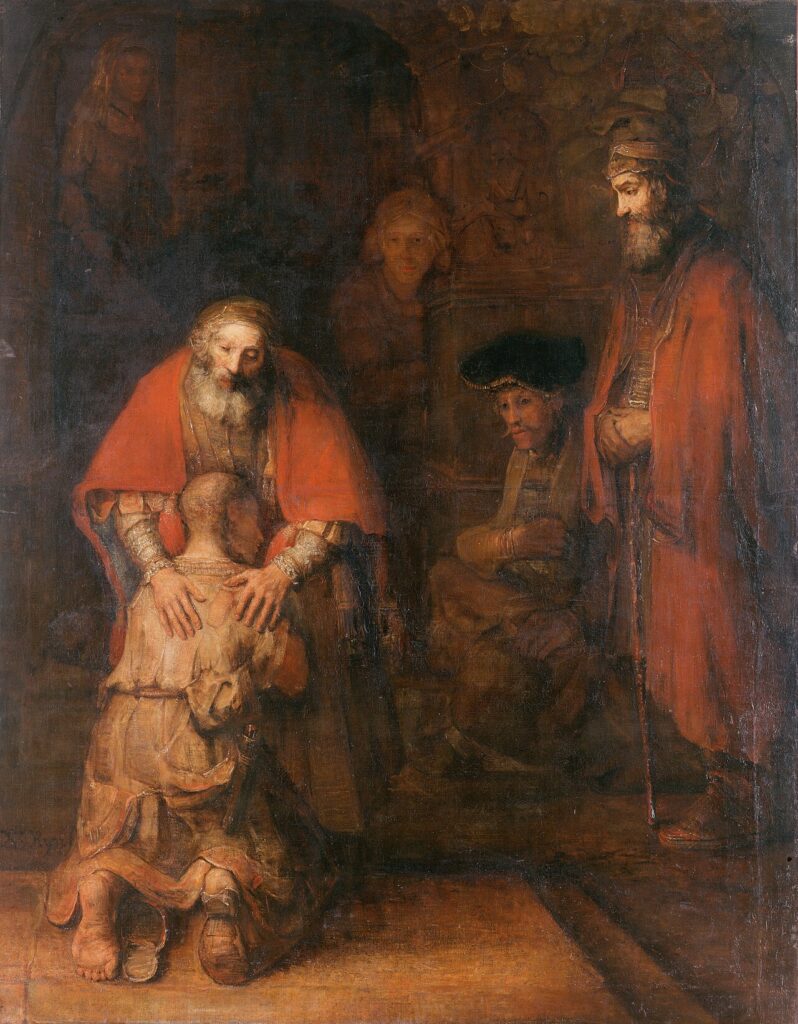 Rembrandt painting of the prodigal son kneeling in repentance as his father embraces him.