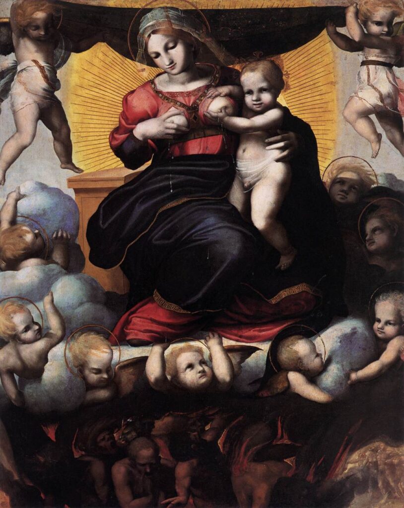 Renaissance painting of the Virgin Mary interceding for souls amid the flames of purgatory.