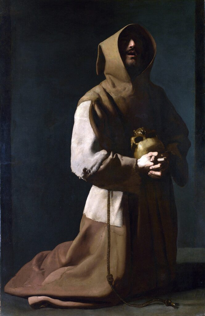 Zurbaran painting of Saint Francis of Assisi in his brown habit in contemplation.