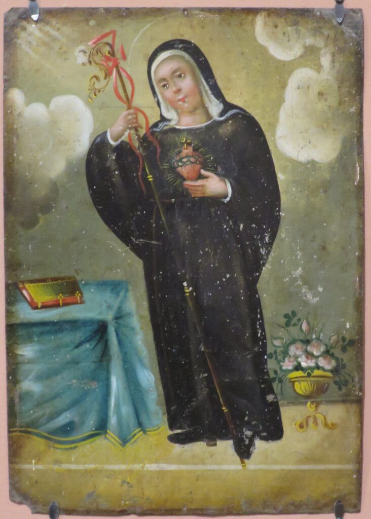 Devotional painting of Saint Gertrude the Great holding a flaming heart and a crozier.