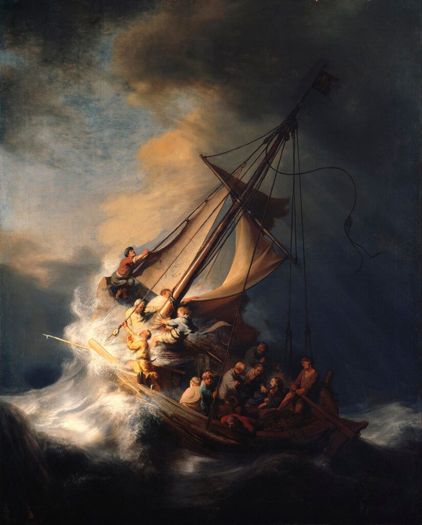 Rembrandt painting of the disciples boat tossed by violent waves as they wake Christ to calm the storm.