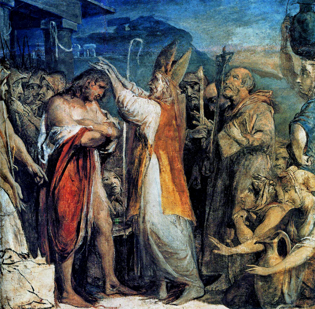 Classical painting of Saint Patrick baptizing the King of Cashel in early Christian Ireland.