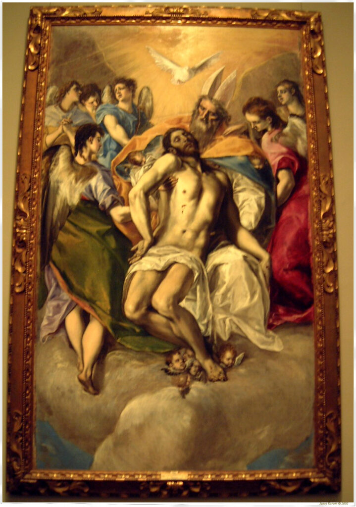 El Greco painting of the Holy Trinity, God the Father holding the dead Christ with the dove of the Holy Spirit above.