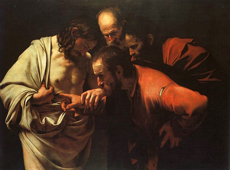 Caravaggio doubting Thomas touching the wound of the risen Christ.