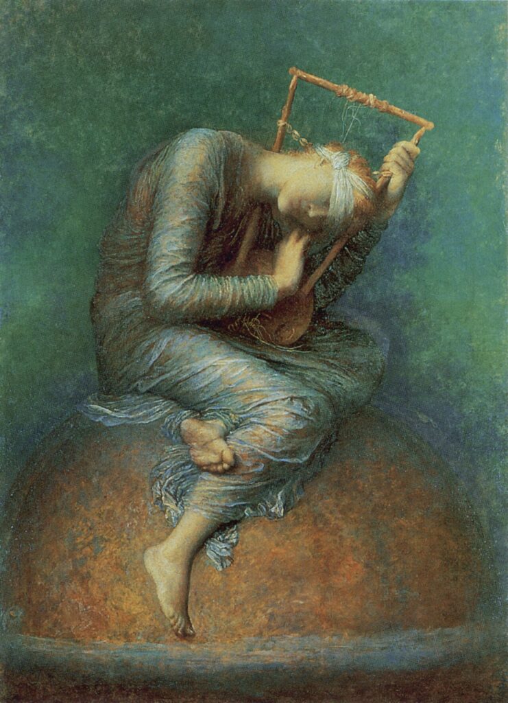 Watts allegory of Hope, a figure with a lyre seated upon a globe.