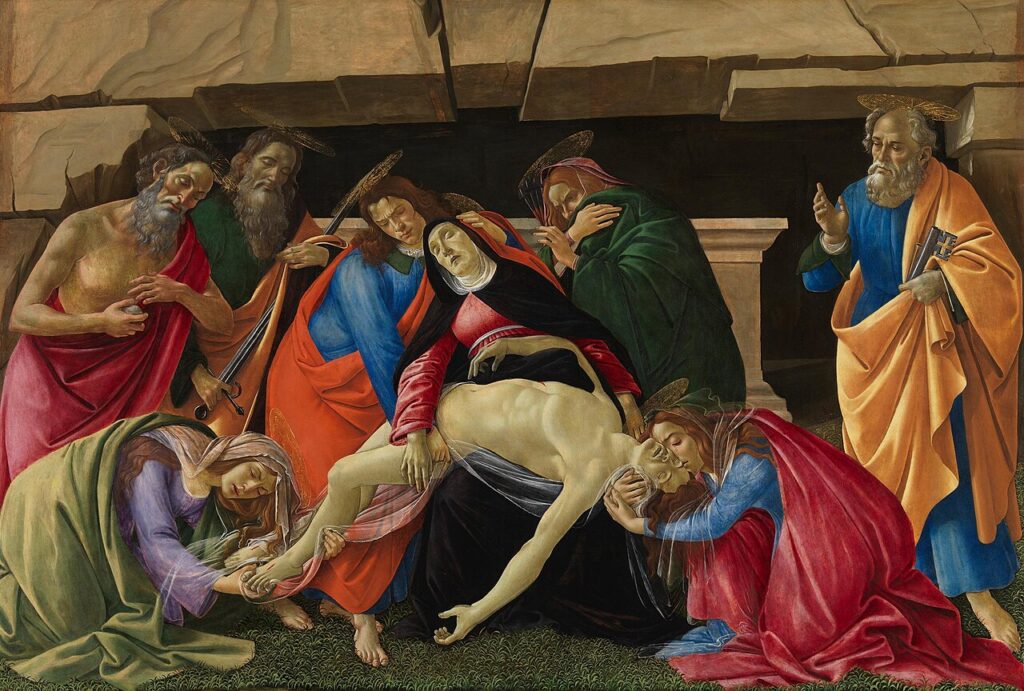Botticelli Lamentation, mourners around the dead Christ.