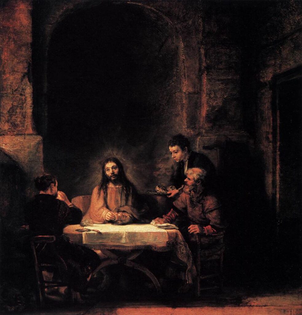 Rembrandt candle-lit Supper at Emmaus, Christ revealed in the breaking of bread.