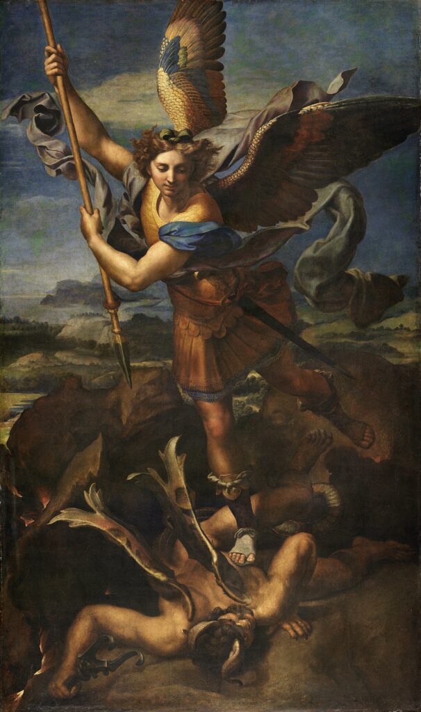 Raphael Saint Michael the Archangel vanquishing Satan.