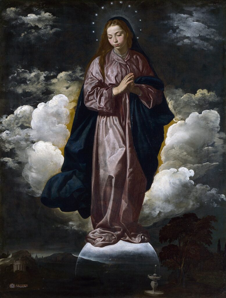 Velazquez Immaculate Conception, the Virgin Mary on the moon amid clouds.