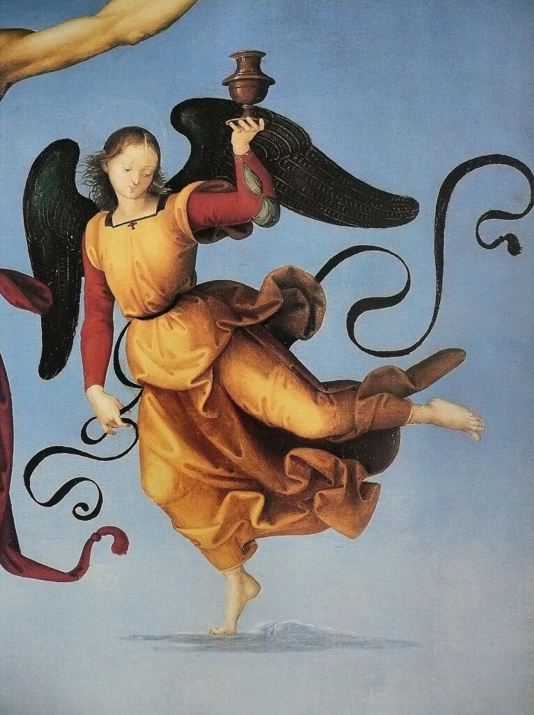 Raphael Crucifixion with angels catching Christ blood in chalices.