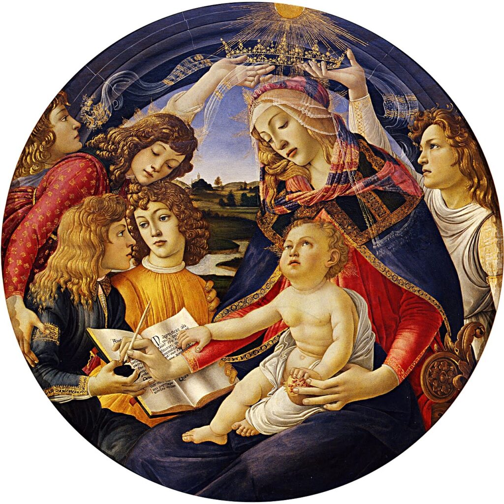 Botticelli Madonna of the Magnificat, the Virgin crowned by angels with the Christ Child.