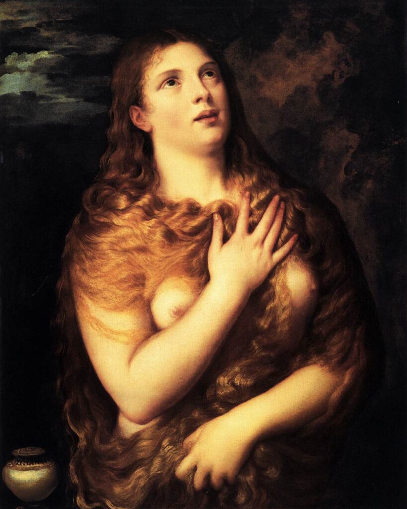 Titian penitent Mary Magdalene gazing heavenward in repentance.