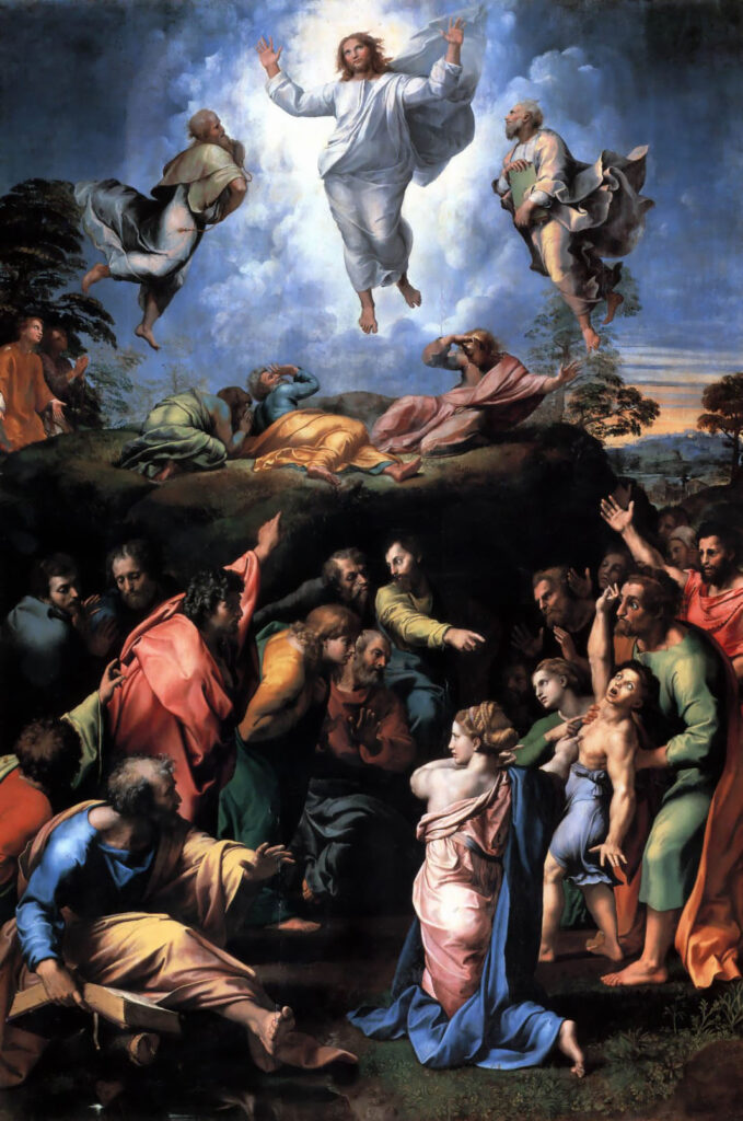 Raphael Transfiguration, Christ in radiant glory on the mountain.