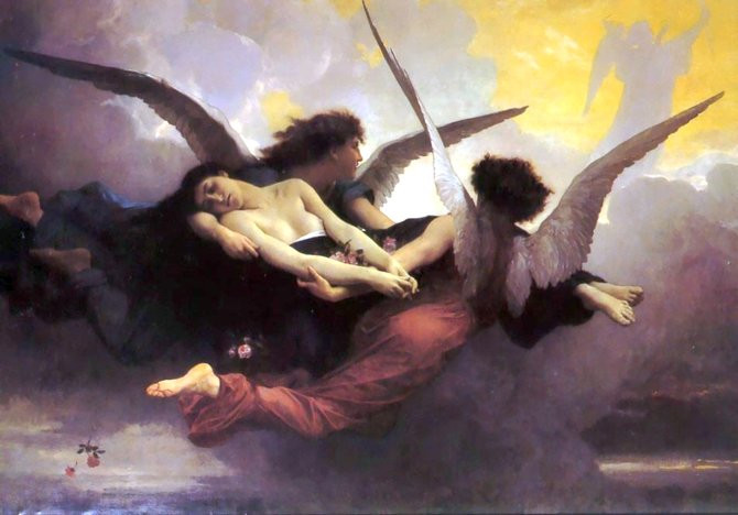 Two angels carrying a departed soul up to heaven.