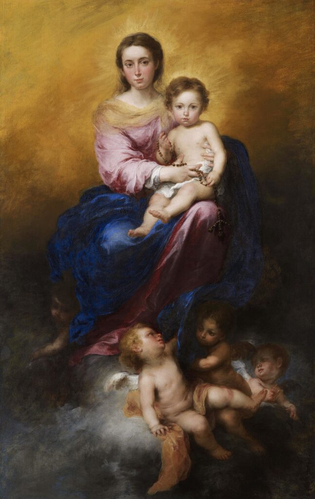 Murillo Madonna of the Rosary, the Virgin Mary holding the Christ Child and a rosary.
