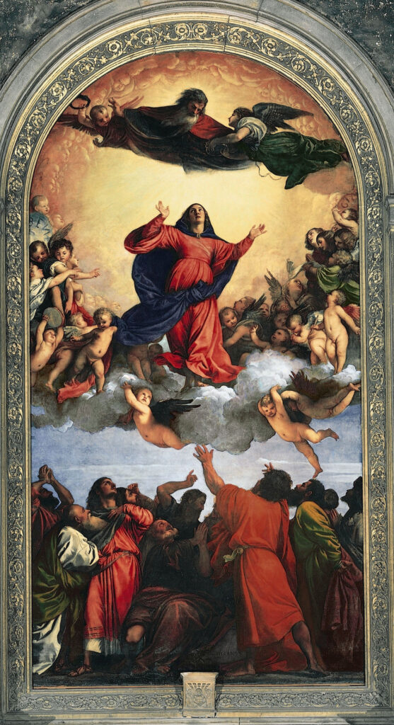 Titian Assumption of the Virgin, Mary ascending to heaven amid angels.