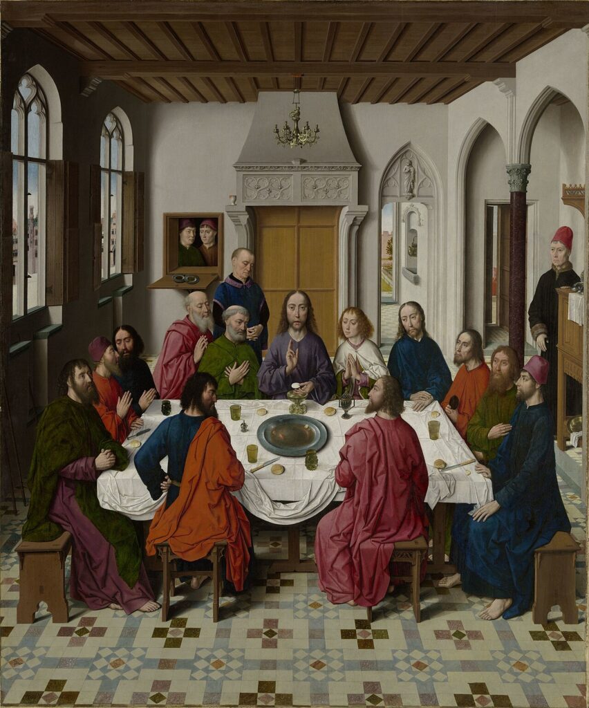 Dieric Bouts Last Supper, Christ blessing the bread among the Apostles.