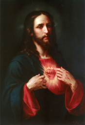 Classical painting of the Sacred Heart of Jesus showing his flaming heart.