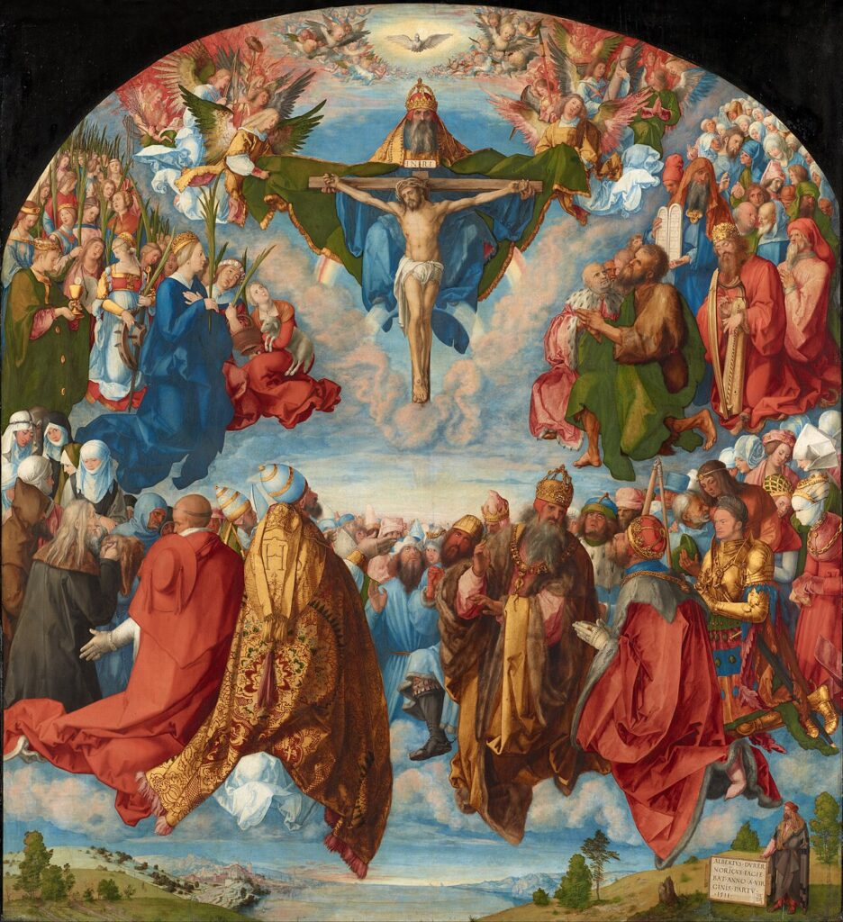 Durer Landauer Altarpiece, all the saints adoring the Holy Trinity in heaven.
