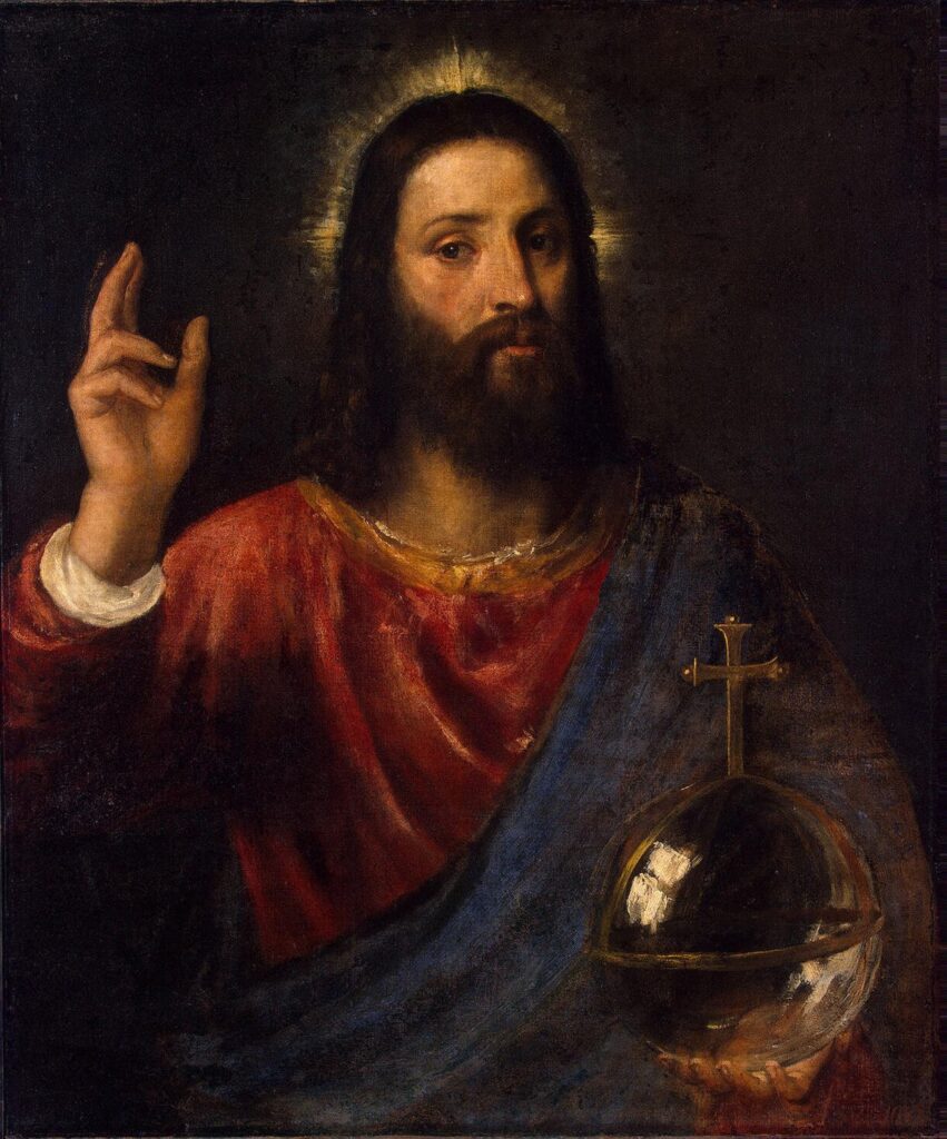 Titian Salvator Mundi, Christ blessing while holding the orb of the world.
