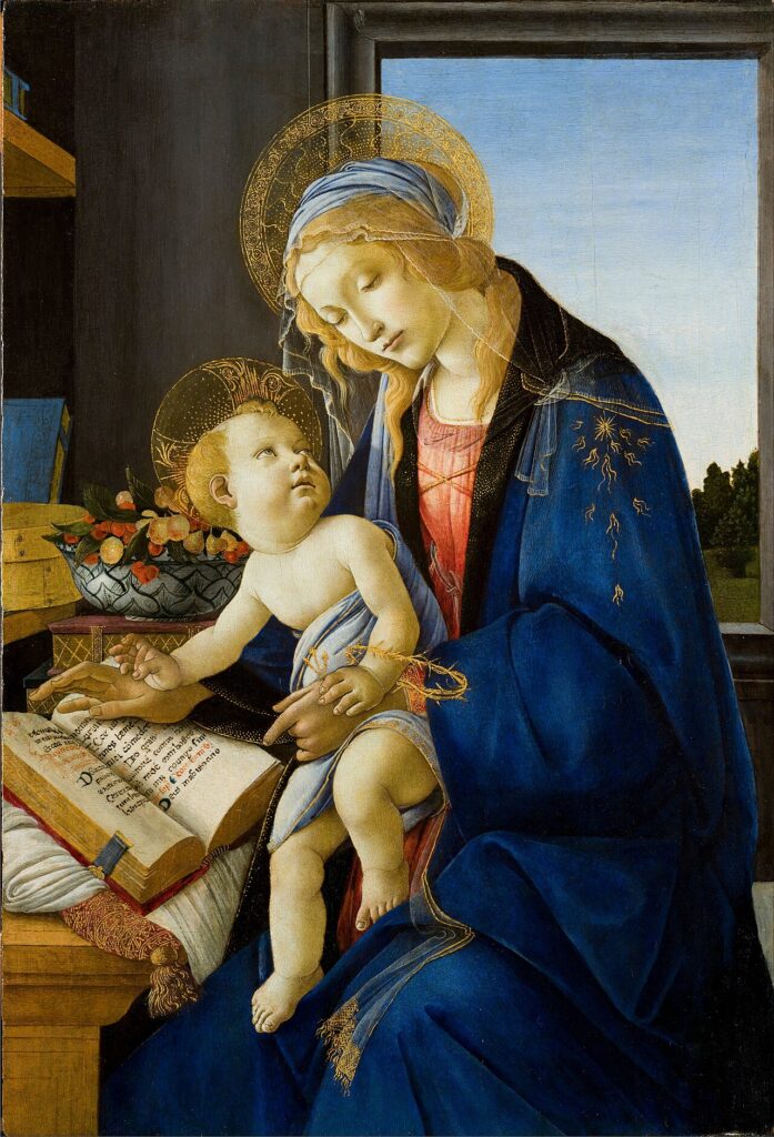 Botticelli Madonna of the Book, the Virgin Mary teaching the Christ Child.