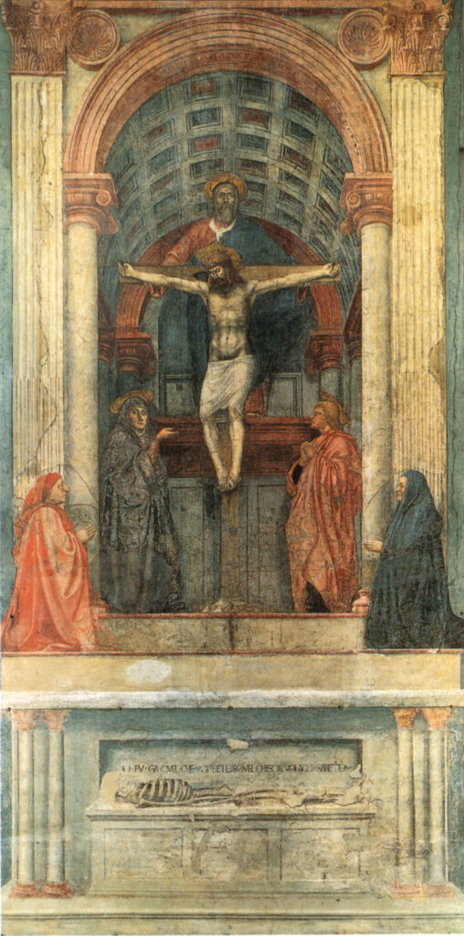 Masaccio Holy Trinity fresco with the Father, the crucified Son and the dove.